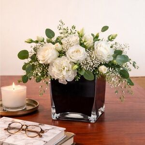 Modern Black Glass Cube Vase Teleflora Gift Square Floral Planter 4”